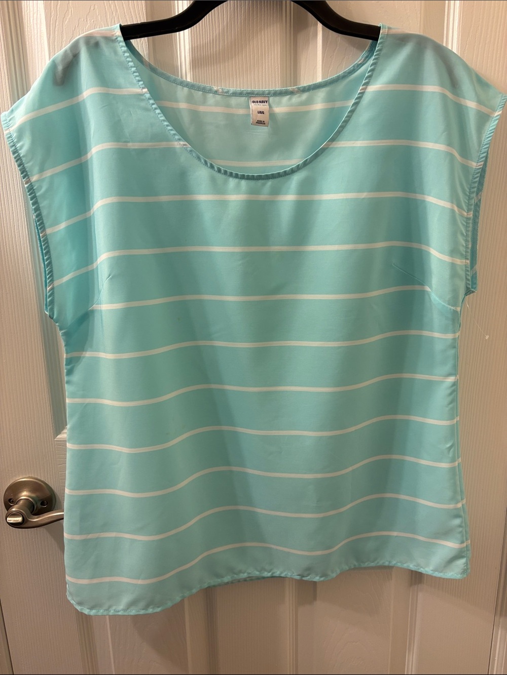 Old Navy Mint and White Striped Cap-Sleeve Blouse